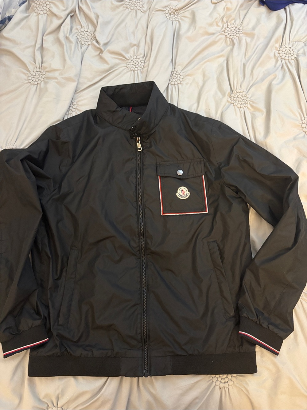 Moncler Black Nylon Bomber Jacket with Tricolor Trim